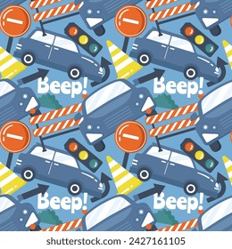 Car Toys Seamless Pattern Design with Boys and Girls Children Toy Equipment in Cartoon Illustration