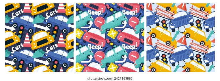 Car Toys Seamless Pattern Design with Boys and Girls Children Toy Equipment in Cartoon Illustration