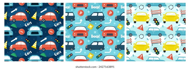 Juguetes de coche Diseño de patrón sin fisuras con niños y niñas Equipo de juguete infantil en ilustración de dibujos animados