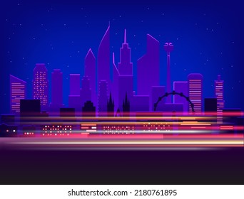 Car traces in modern city with night illumination. vector illustration