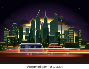 Car traces in modern city with night illumination