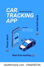 Cartel de la aplicación de seguimiento de coches. Servicio de geolocalización de gps en línea para vehículos con antirrobo y envía alertas por teléfono móvil. Afiche vectorial con ilustración isométrica de auto y smartphone