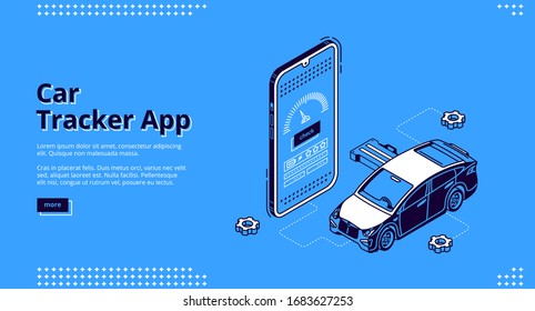 Car tracker app isometric landing page. Gps geolocation service for mobile phone. Automobile at huge smartphone with track application. Navigation and destination control 3d vector line art web banner