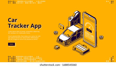 Car tracker app isometric landing page. Gps geolocation service for mobile phone. Automobile at huge smartphone with track application. Navigation and destination control 3d vector line art web banner