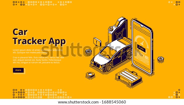 Car tracker app isometric landing page. Gps\
geolocation service for mobile phone. Automobile at huge smartphone\
with track application. Navigation and destination control 3d\
vector line art web banner