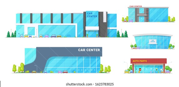 Centros de comercio de automóviles y edificios de salas de exposición. Salas de exposición de vehículos vectores, centros de concesionarios de automóviles y tienda de piezas de repuesto. Diseño exterior con árboles y zona de aparcamiento