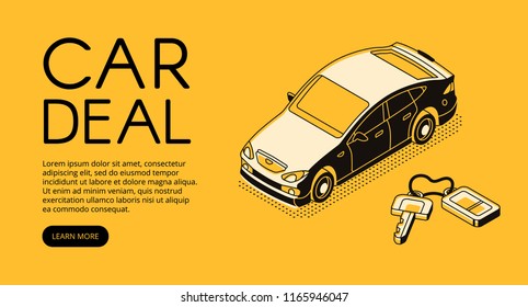 Car trade deal vector illustration of automotive sell and buy service agency or dealer company. Automobile and key on keychain isometric black thin line web design on yellow halftone background