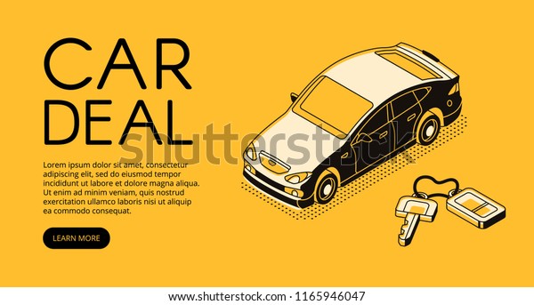Car trade deal vector illustration of\
automotive sell and buy service agency or dealer company.\
Automobile and key on keychain isometric black thin line web design\
on yellow halftone\
background