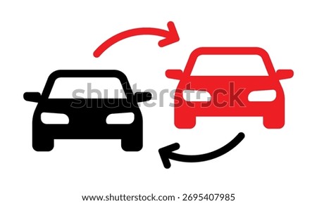 Car trade icon with exchange arrows for vehicle swap and dealership trade-in programs
