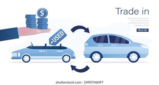 Intercambio de coches, cambio de coches usados en el coche nuevo moderno con pago adicional en efectivo. Sustitución del cambio del vehículo. Servicio de carsharing, concepto de diseño moderno. Ilustración vectorial plana