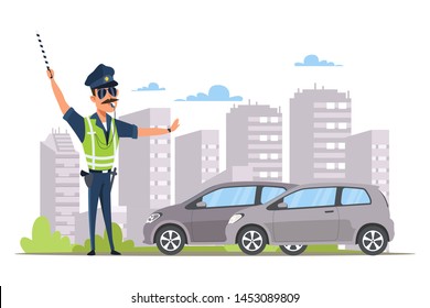 Car traffic control flat vector illustration. Young law enforcer, patrolman in vest cartoon character. Police officer with striped rod and whistle patrolling street. Transport movement management