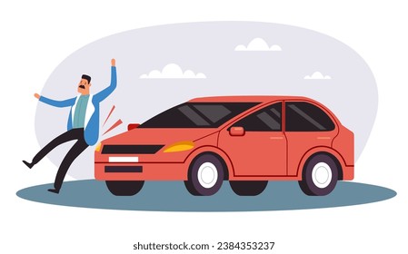 Car traffic crash injury accident road hit pedestrian concept. Vector flat graphic design illustration
