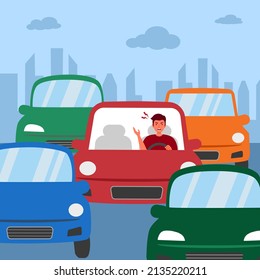 Car traffic jam on street in flat design vector illustration. Angry driver. 