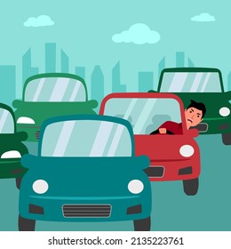 Car traffic jam on street in flat design vector illustration. Angry driver.