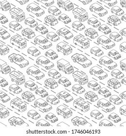 Car traffic jam sketch. Freehand drawing. Line vector illustration of traffic congestion on highway. Seamless pattern background.