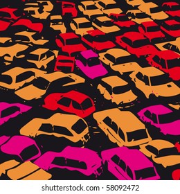 Car traffic jam, vector illustration with many cars