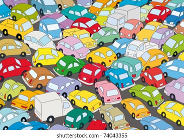 Car traffic jam, vector illustration with many cars