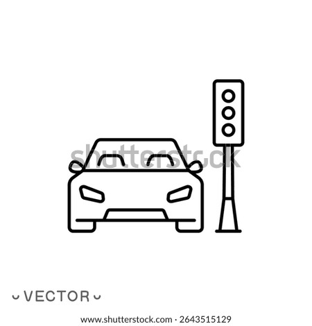 car with traffic light icon, traffic light concept, thin line symbol isolated on white background, editable stroke eps 10 vector illustration