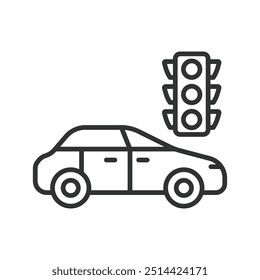 Car with traffic light, in line design. Car, traffic light, vehicle, stoplight, road, transportation, traffic control on white background vector. Car with traffic light editable stroke icon.