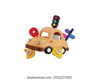 Carro com semáforo, direção da estrada e ícone de cone de estrada ilustração vetorial de renderização 3d