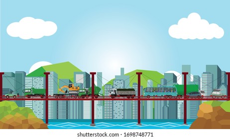 Tráfico de Camión en el puente sobre el río y paisaje urbano para fondo.