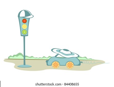 A car and a traffic-lights wearing caps
