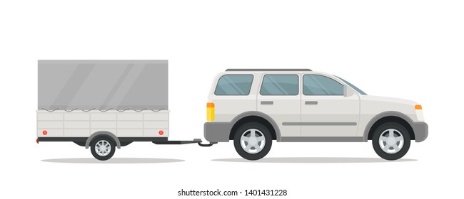 Car with trailer.  Trailer with awning. Big suv. Side view. Vector illustration, isolated white background. Flat style.