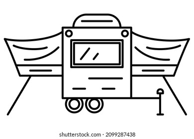 A Car Trailer With An Awning. Miniature Motorhome For Traveling Outside. Vector Icon, Outline, Isolated. Editable Stroke