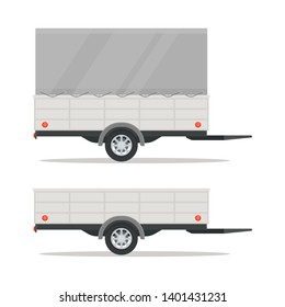 Car trailer with awning. Trailer template with blank area. Side view.
Vector illustration, isolated white background. Flat style.