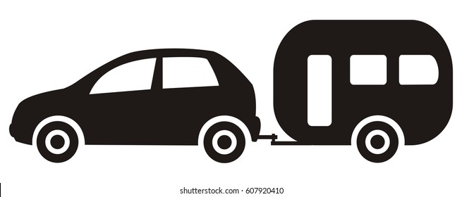 Car and trailer, black silhouette, vector icon