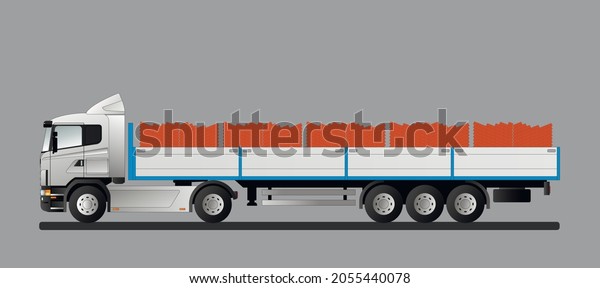 A car with a trailer for the delivery of\
new red clay bricks on pallets to the construction site. Flat\
vector illustration.