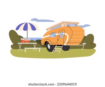 Car trailer for family journey. Motorhome stands on campsite. Retro caravan for camping in nature. Campers' auto home for travel in summer. Flat isolated vector illustration on white background