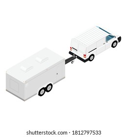 Car with trailer isolated on white background. Isometric view. Vector