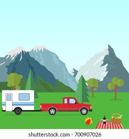 A car with a trailer in nature. Camping in the mountains. Flat design, vector illustration, vector.