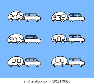 Car with a trailer on a blue background. Collection. Vector illustration.