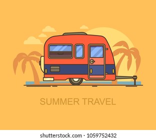 Car trailer on summer beach with palm trees. Hind carriage for summer trip or journey, vacation travel. Mobile caravan for family summer leisure, motorhome at seaside or ocean. Summertime theme