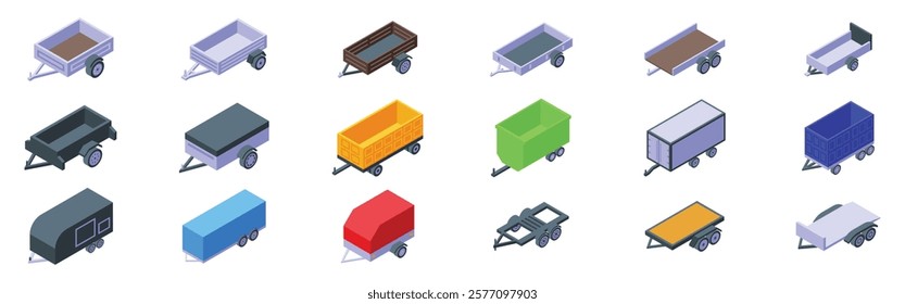 Car trailer open icons set. Set of trailer icons showing different types and colors of trailers for cars, including covered trailers, open trailers, and various sizes