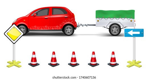 Car with trailer. Priority road sign. Main road. Plastic traffic cones to limit traffic transport. Vector illustration.