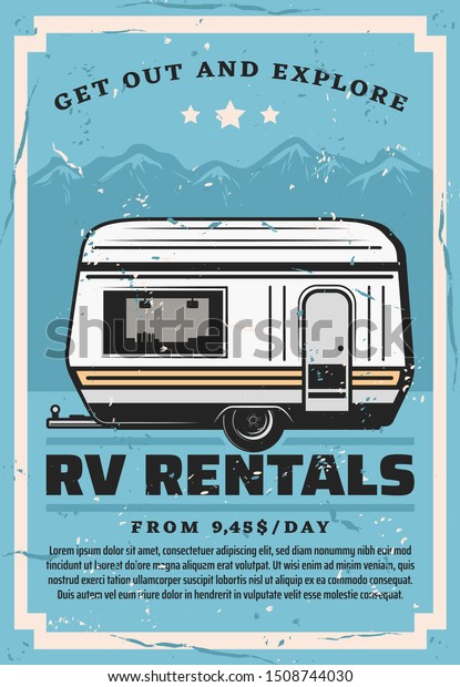 Car trailer\
travel, RV family camper caravan rental service. Vector road\
camping adventure, camp truck or motorhome in mountain park,\
extreme hiking and outdoor holiday\
vacation