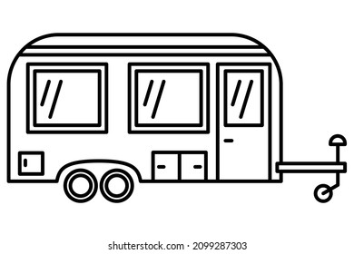 Car trailer for traveling for the family. A recreational vehicle. Motorhome with large windows for camping. Vector icon, outline, isolated. Editable stroke
