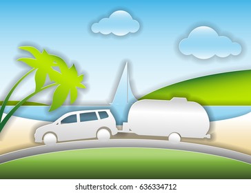 Car with trailer travels on a summer road trip. vector illustration