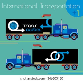 Car trailer truck icon or design element in side view, isolated. ?argo transportation, illustration, icons. Large freight icon. Cargo Delivery van vector silhouette. Delivery of international cargo.