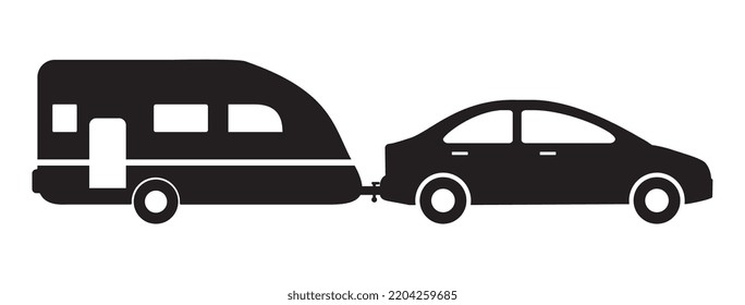 Icono vectorial del automóvil y del remolque, silueta negra sobre fondo blanco