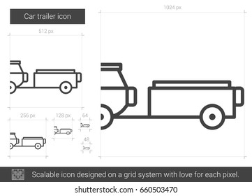 Car trailer vector line icon isolated on white background. Car trailer line icon for infographic, website or app. Scalable icon designed on a grid system.