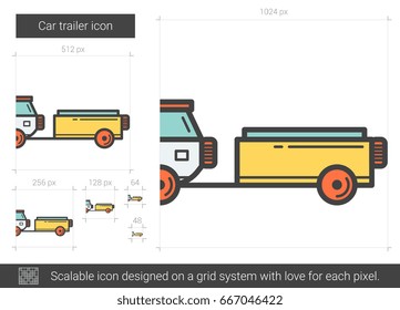 Car trailer vector line icon isolated on white background. Car trailer line icon for infographic, website or app. Scalable icon designed on a grid system.