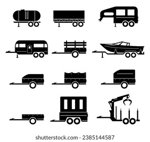 Car trailers black monochrome silhouette cargo transportation side view set vector flat illustration. Industrial automobile vehicle caravan capture tow truck awning cart tank RV boat move semitrailer