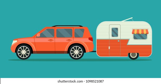 Car and trailers caravan isolated. Vector flat style illustration