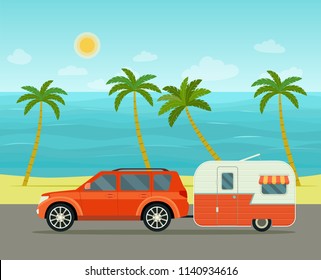 Car and trailers caravan in the ropical landscape . Vector flat style illustration