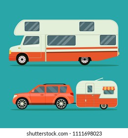 Car And Trailers Caravan Set. Vector Flat Style Illustration