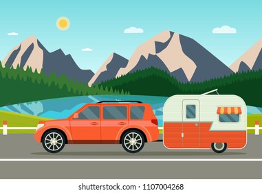 Car and trailers caravan. Summer landscape with forest, mountains and laker. Vector flat style illustration